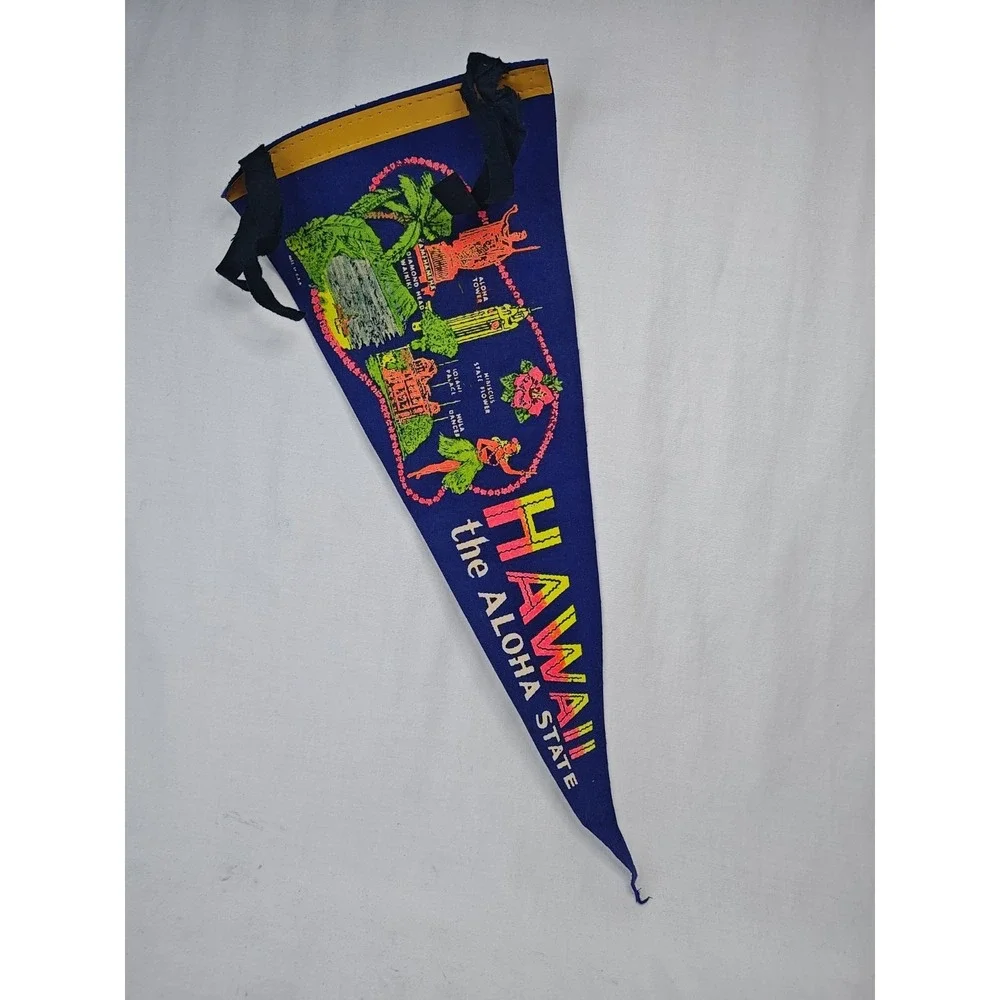 Vintage 60s Hawaii The Aloha State Pennant Blue Tourist Souvenir Hula Dancer